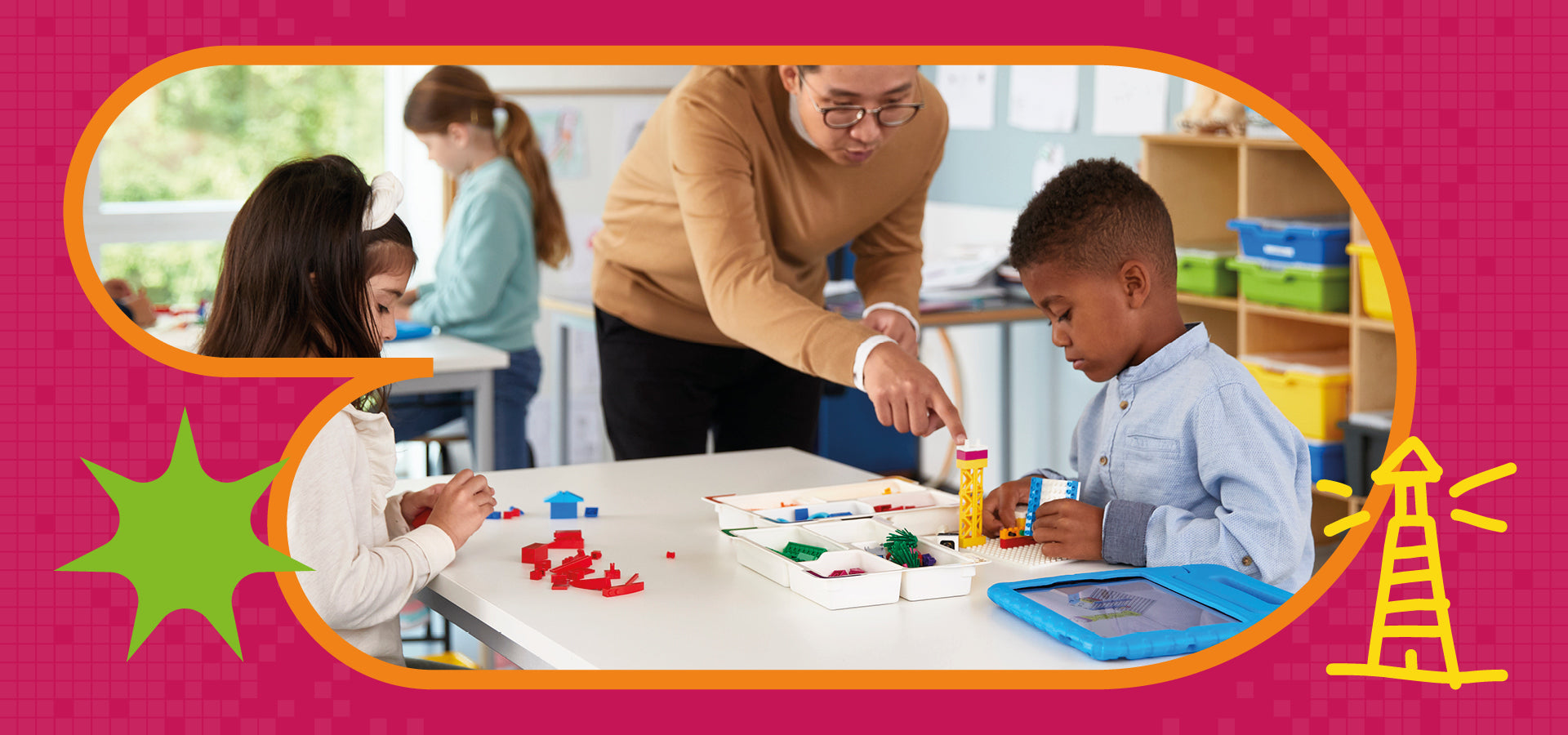 A teacher guides children in a classroom, engaging them with STEAM activities using colorful materials and hands-on learning.