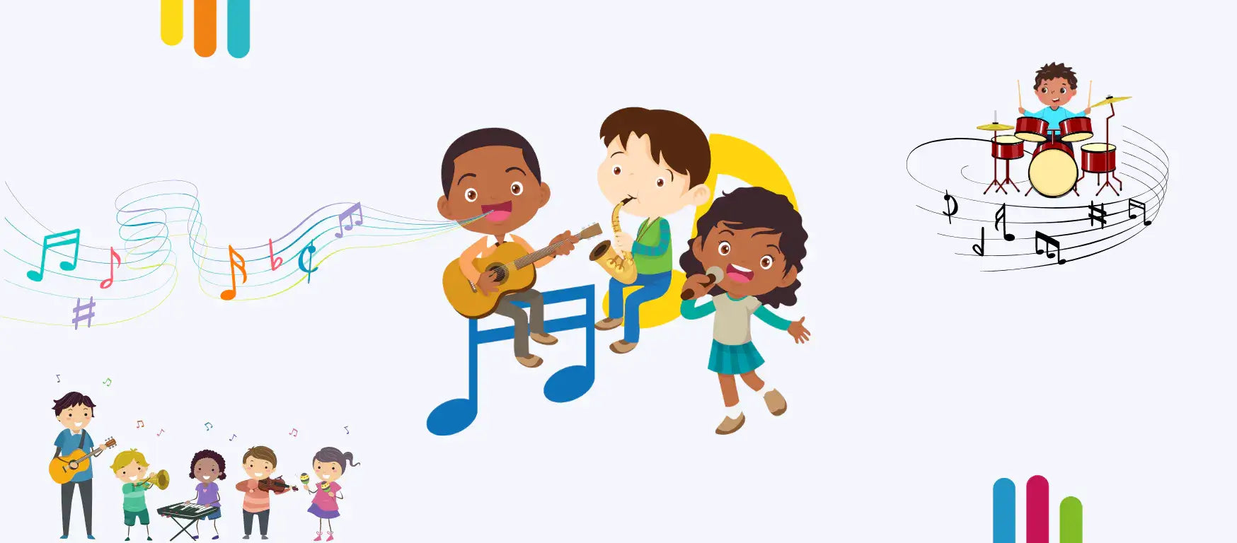 Illustration of children playing instruments and singing, showcasing the role of music in student development.