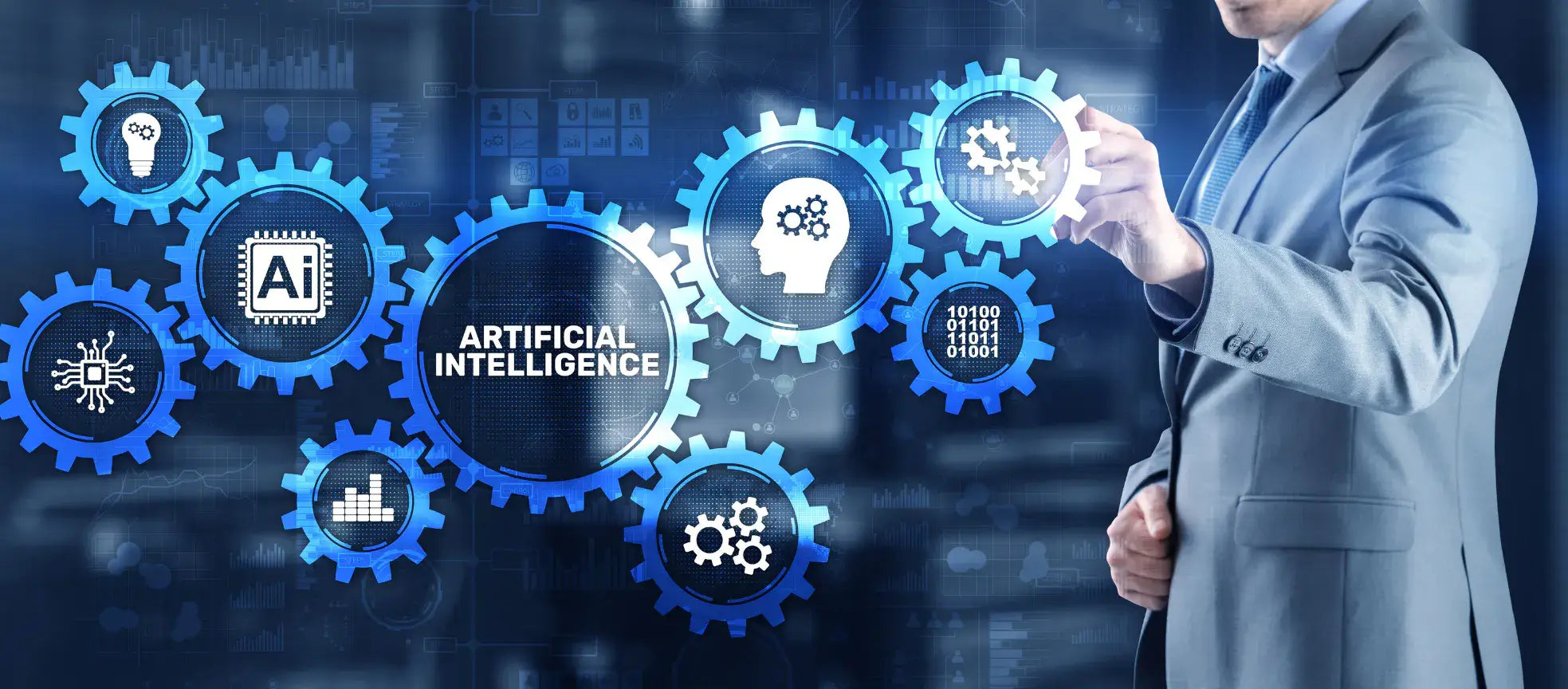 Businessman interacting with icons representing artificial intelligence and machine learning technology.