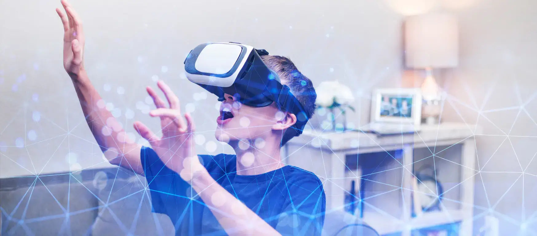 Child engaging with VR headset, immersed in a virtual reality learning experience.