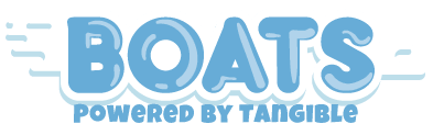 Logo featuring the word 'BOATS' in playful blue letters with the tagline 'Powered by Tangibles'