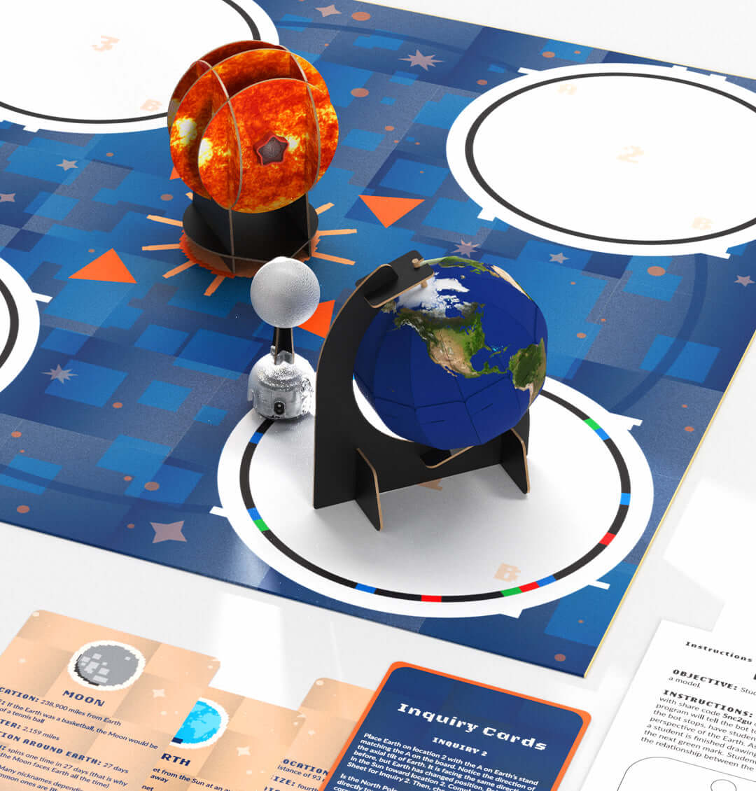 Interactive educational solar system kit with models of the sun, earth, and inquiry cards for STEAM learning.