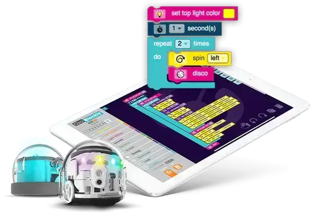 Two coding robots beside a tablet displaying programming blocks for coding activities and commands.