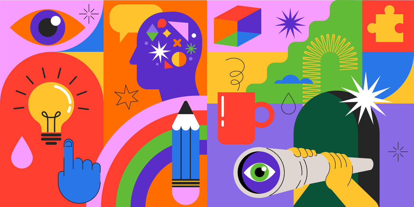 Colorful abstract illustration featuring icons of creativity, light bulbs, and brainstorming elements.