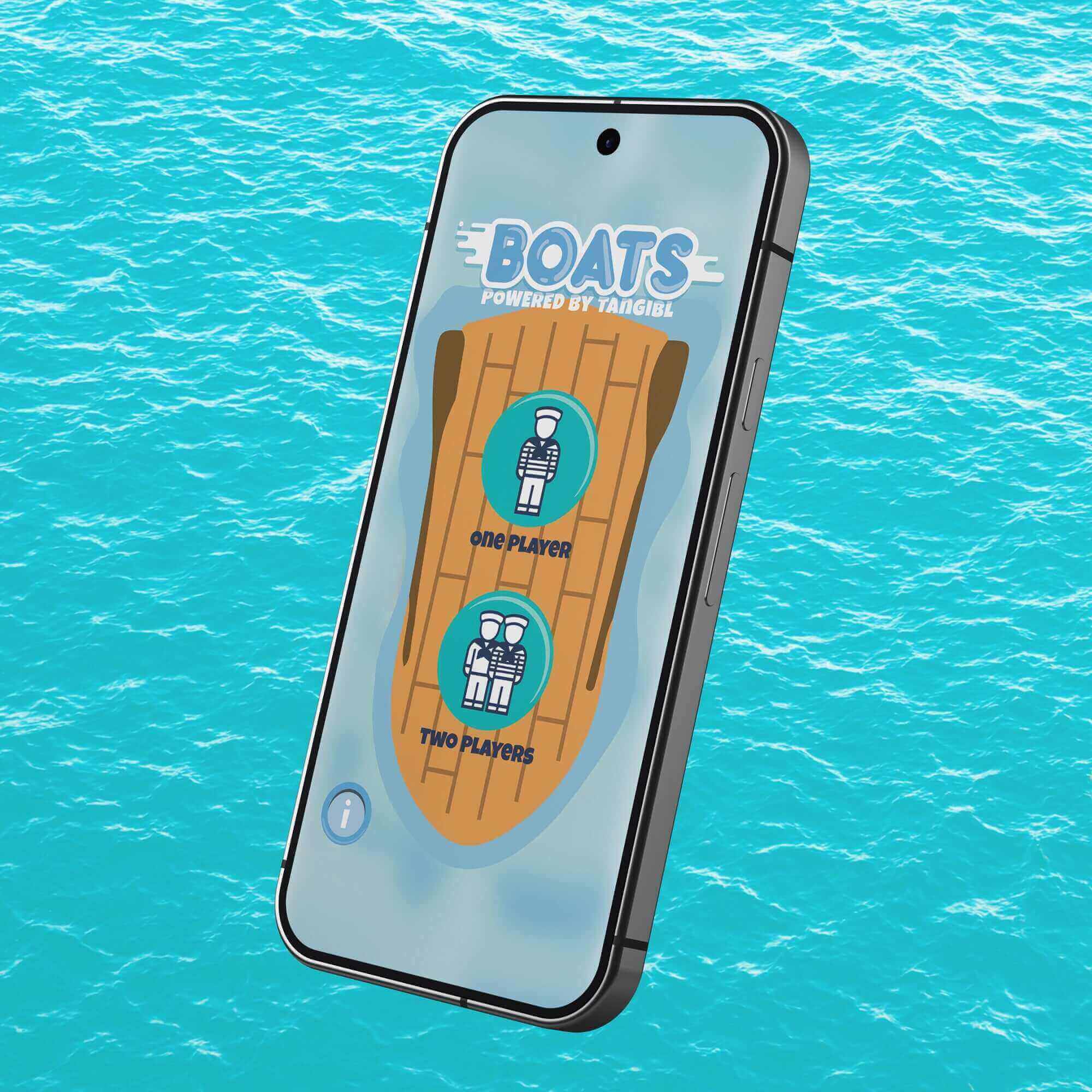 Smartphone displaying the game 'Boats' with options for one or two players on a wooden background.
