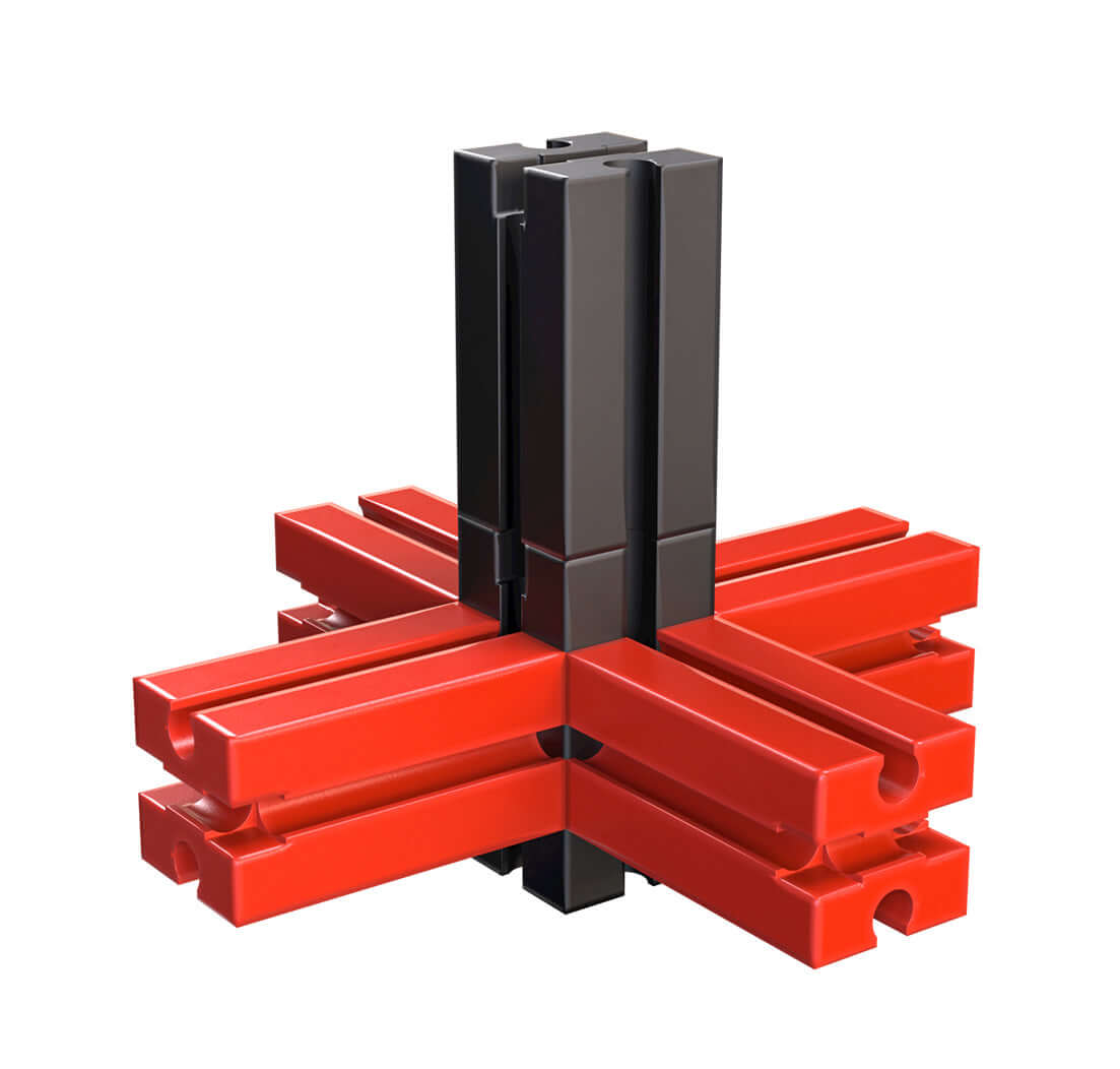 Creative building set for elementary school, featuring interlocking red and black pieces for imaginative play.