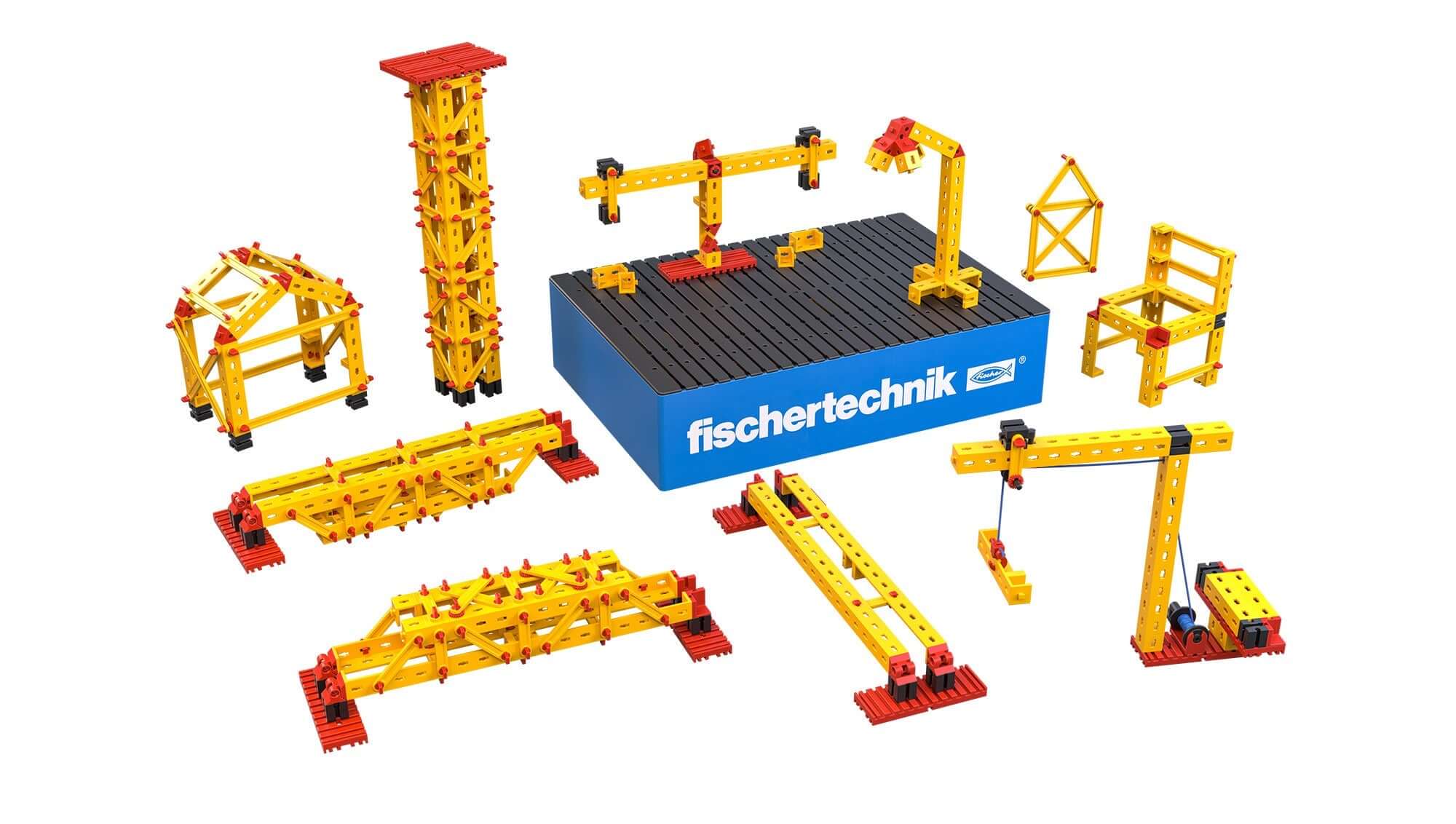 CLASS SET Statics model kit featuring colorful building pieces for teaching statics in primary school.