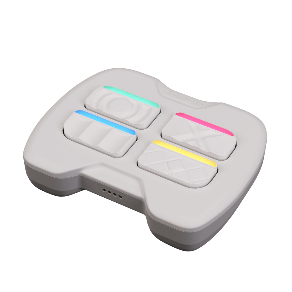 White interactive controller featuring colorful buttons for gamified educational activities.