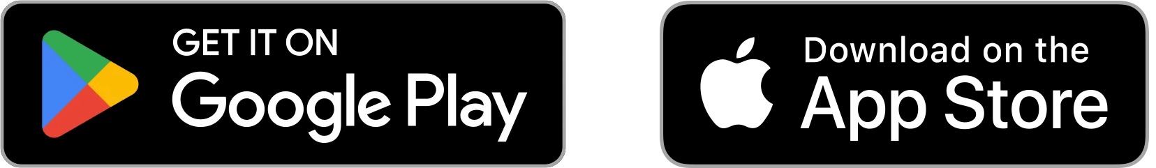 Google Play and App Store download buttons for mobile applications.