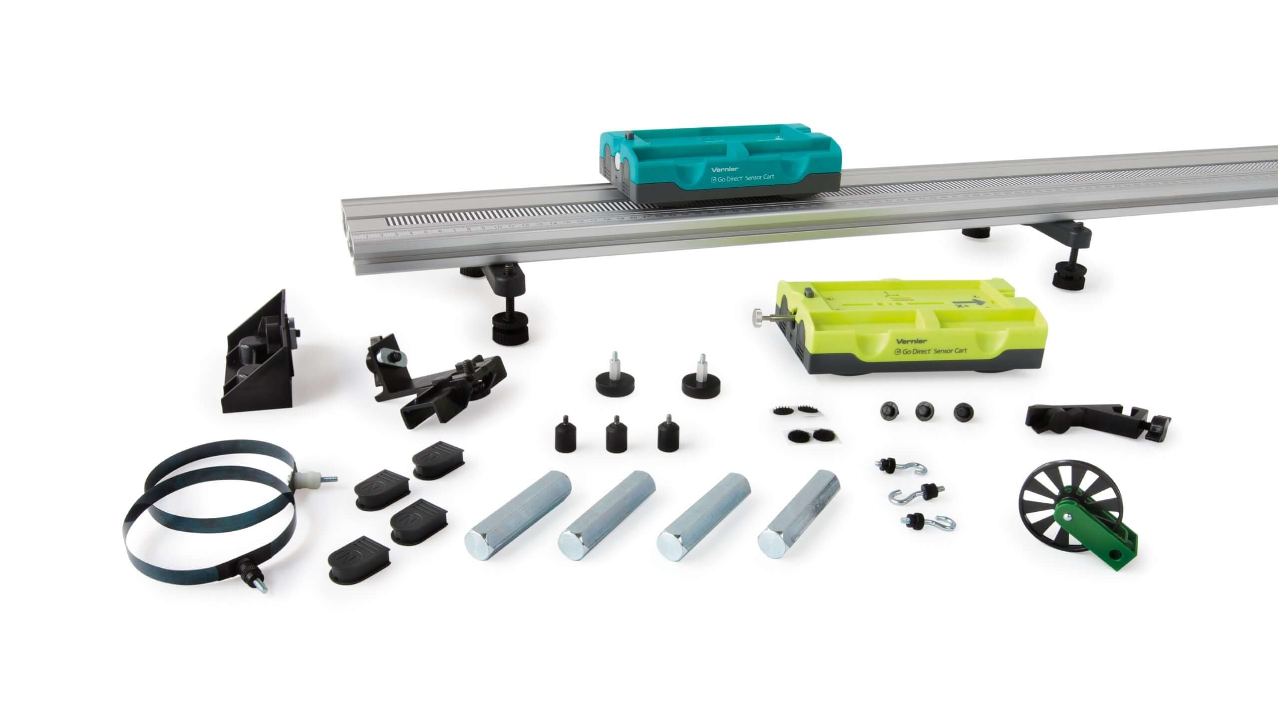 Dynamics Cart and Track System components including Go Direct sensor carts and accessories on a 2.2 m track.