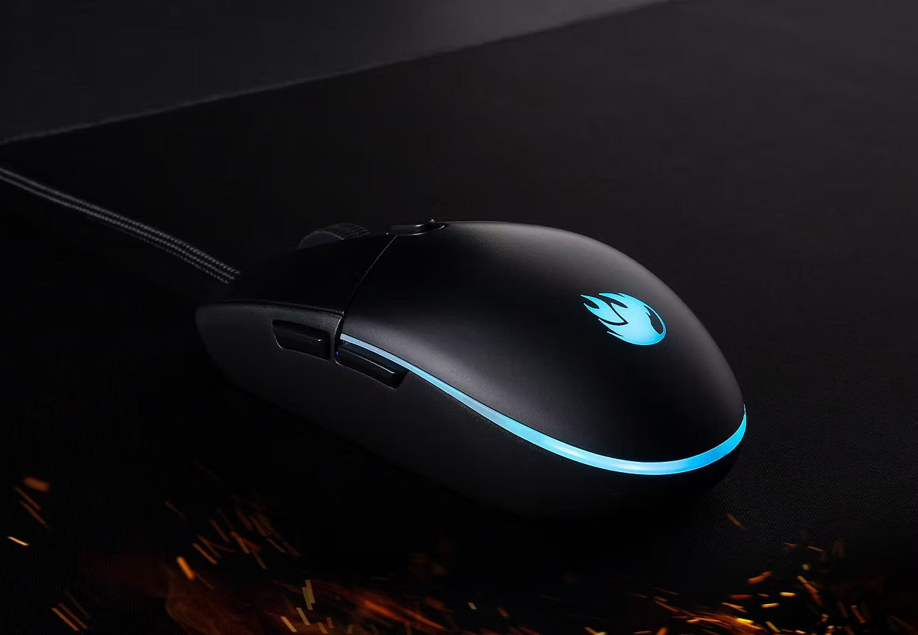 High-quality gaming mouse with blue LED lights and flame logo on a dark background.