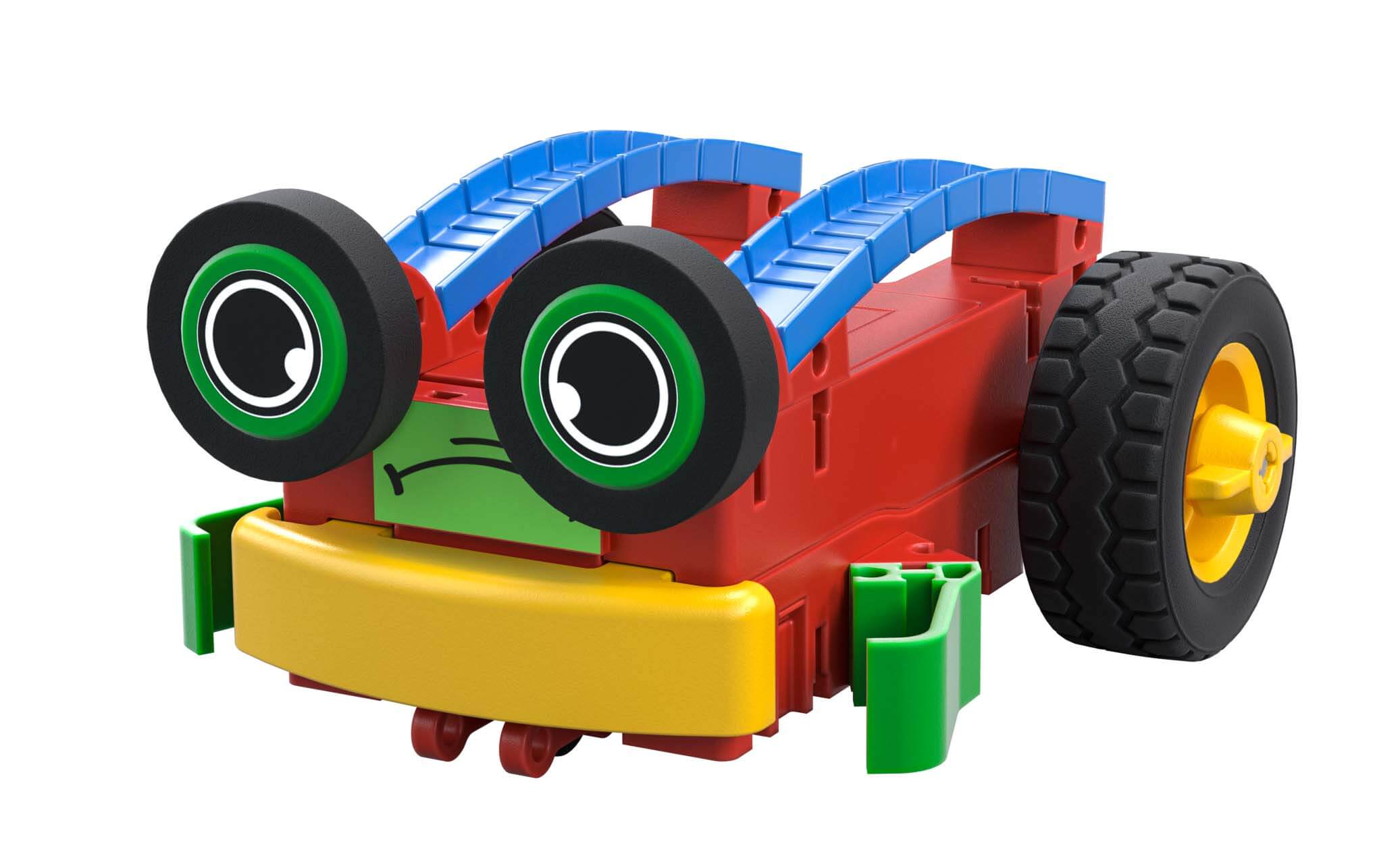 Colorful toy robot designed to teach coding basics for primary school children, featuring friendly eyes and wheels.