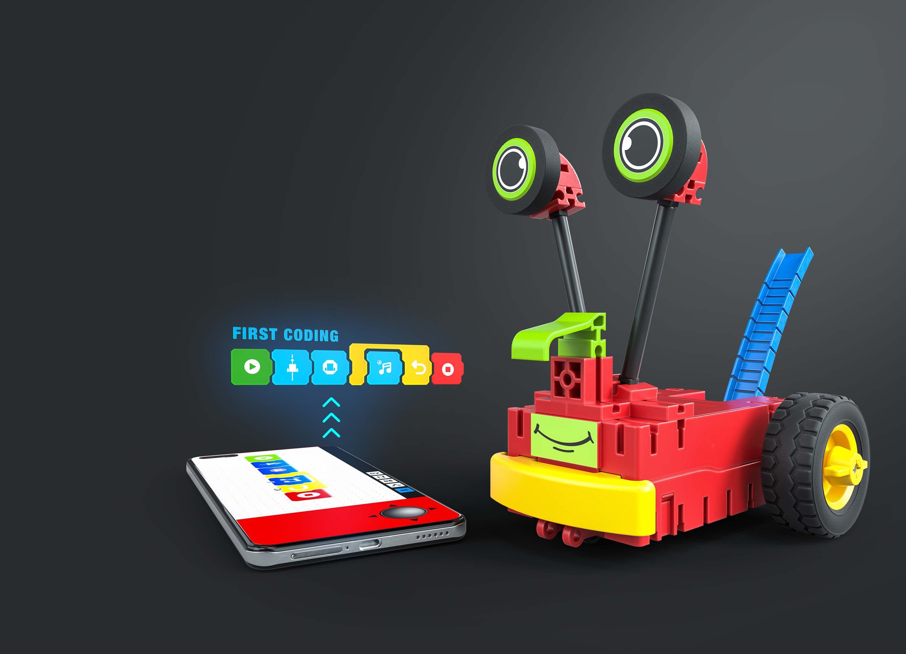 Colorful coding robot toy next to a mobile device, promoting coding basics for primary school children.
