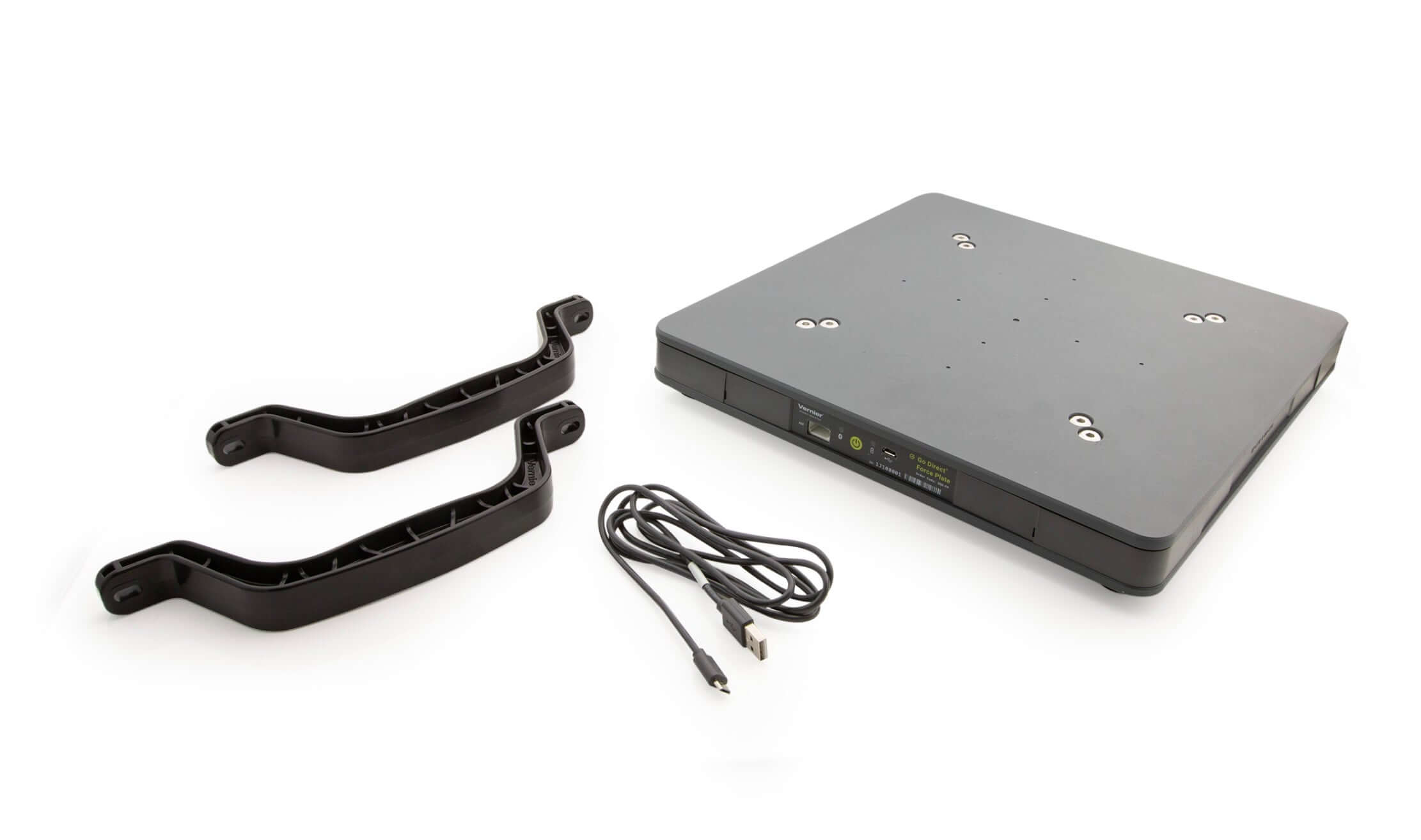Go Direct Force Plate with accessories including handles and connection cable for measuring human-scale forces.