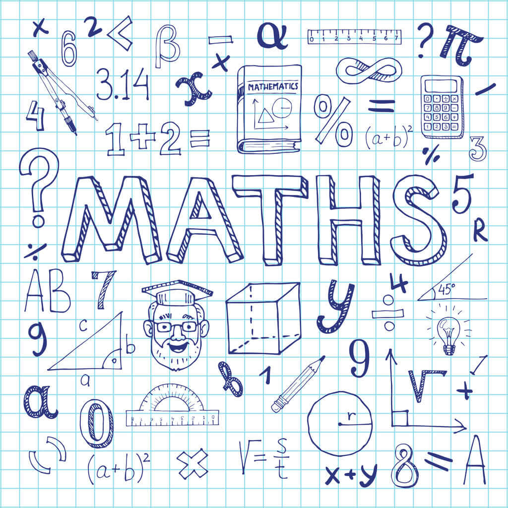 Colorful hand-drawn math doodles featuring equations, symbols, and a calculator on graph paper.
