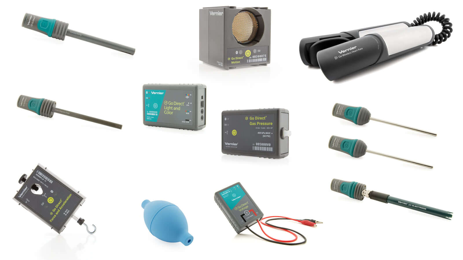 Middle School Science Go Direct® Package featuring various scientific sensors and probes for educational experiments.