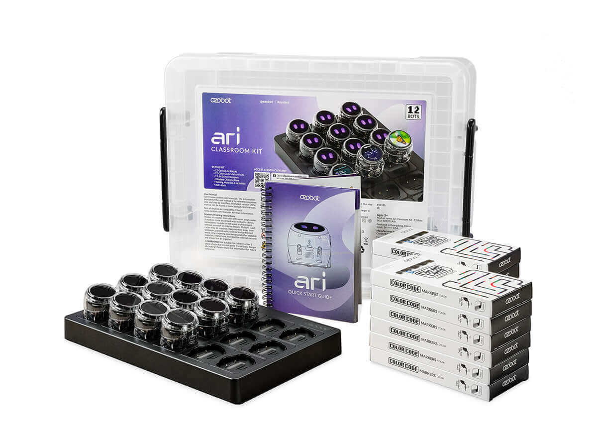 Ozobot Ari Classroom Kit with 12 robots, instructional guide, and coding cards for interactive learning.