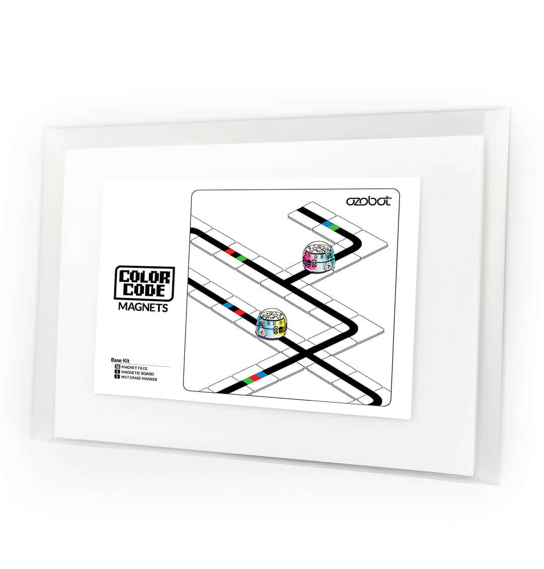 Ozobot Color Code Magnets Base Kit featuring a magnetic board with coding paths and Evo robots for interactive learning.