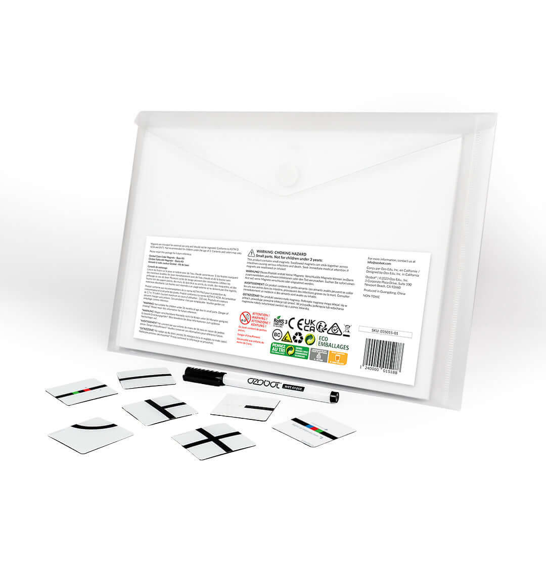 Ozobot Colour Code Magnets Base Kit contents including magnetic board, marker, and puzzle pieces for coding learning.