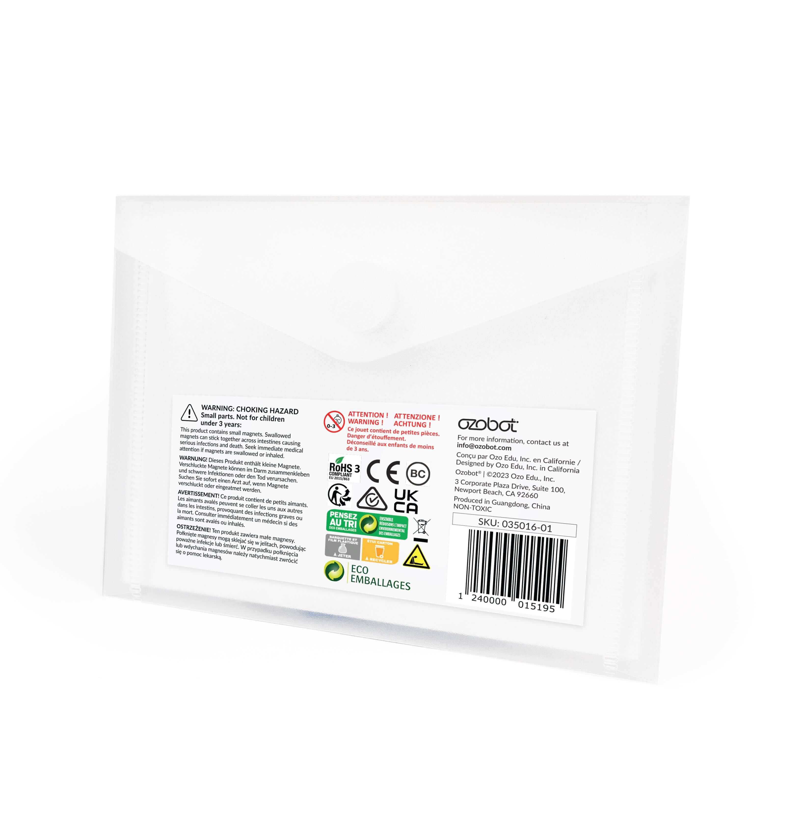 Ozobot Colour Code Magnets Speed Kit packaging with safety warnings and eco-friendly labels.