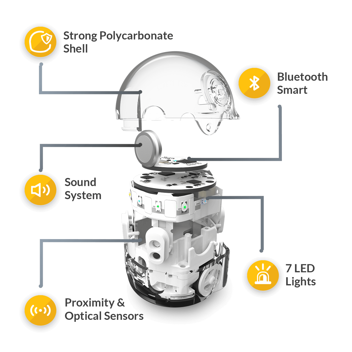 Ozobot Evo internal components illustration showing proximity sensor, Bluetooth, sound system, and LED lights.