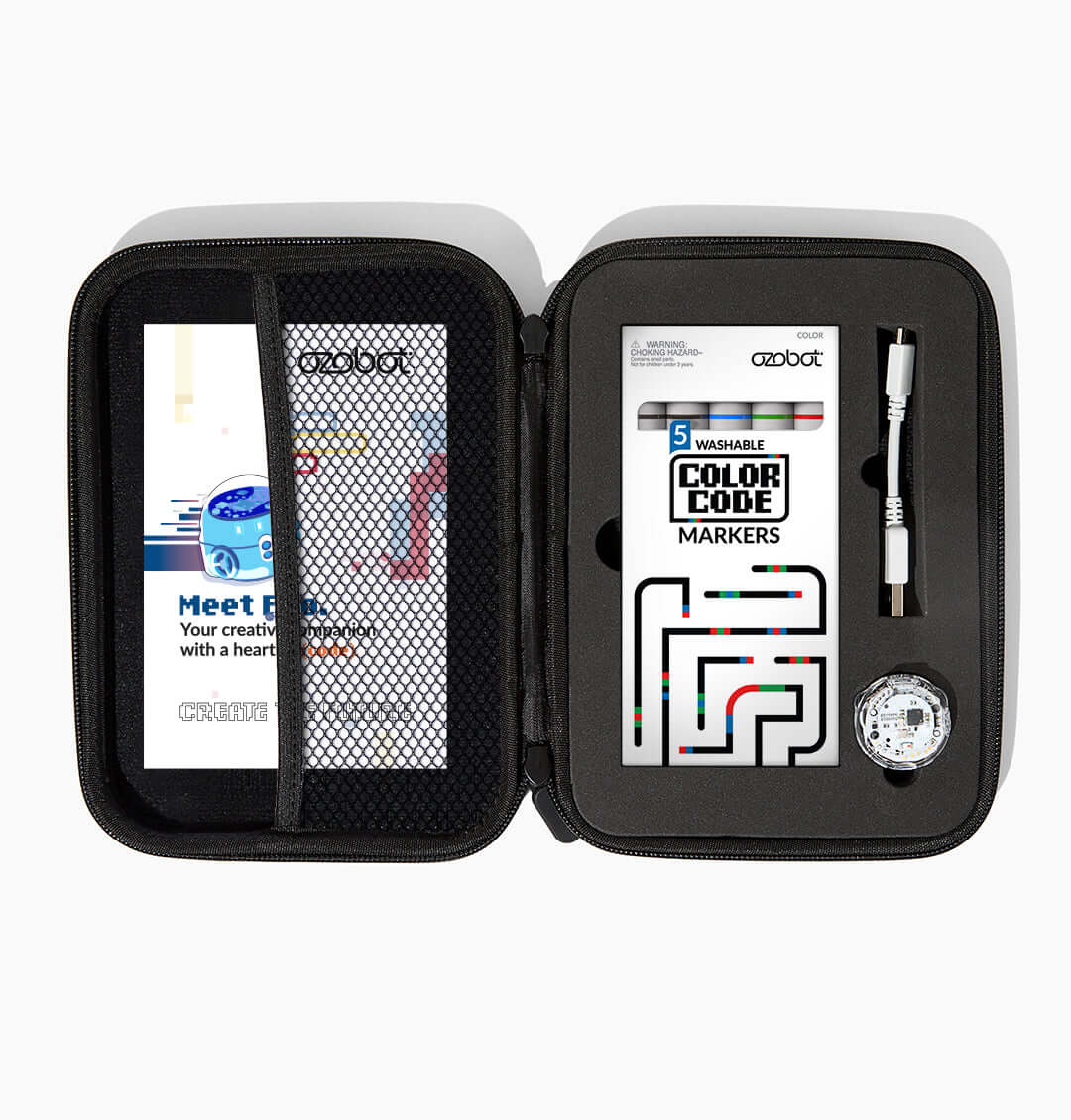 Ozobot Evo Entry Kit open case showing color code markers and educational materials for coding.