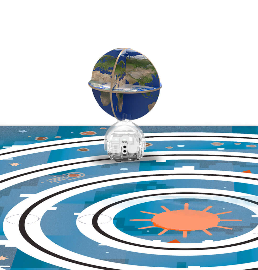 Ozobot on solar system playmat, showcasing STEAM learning through interactive exploration and problem-solving.