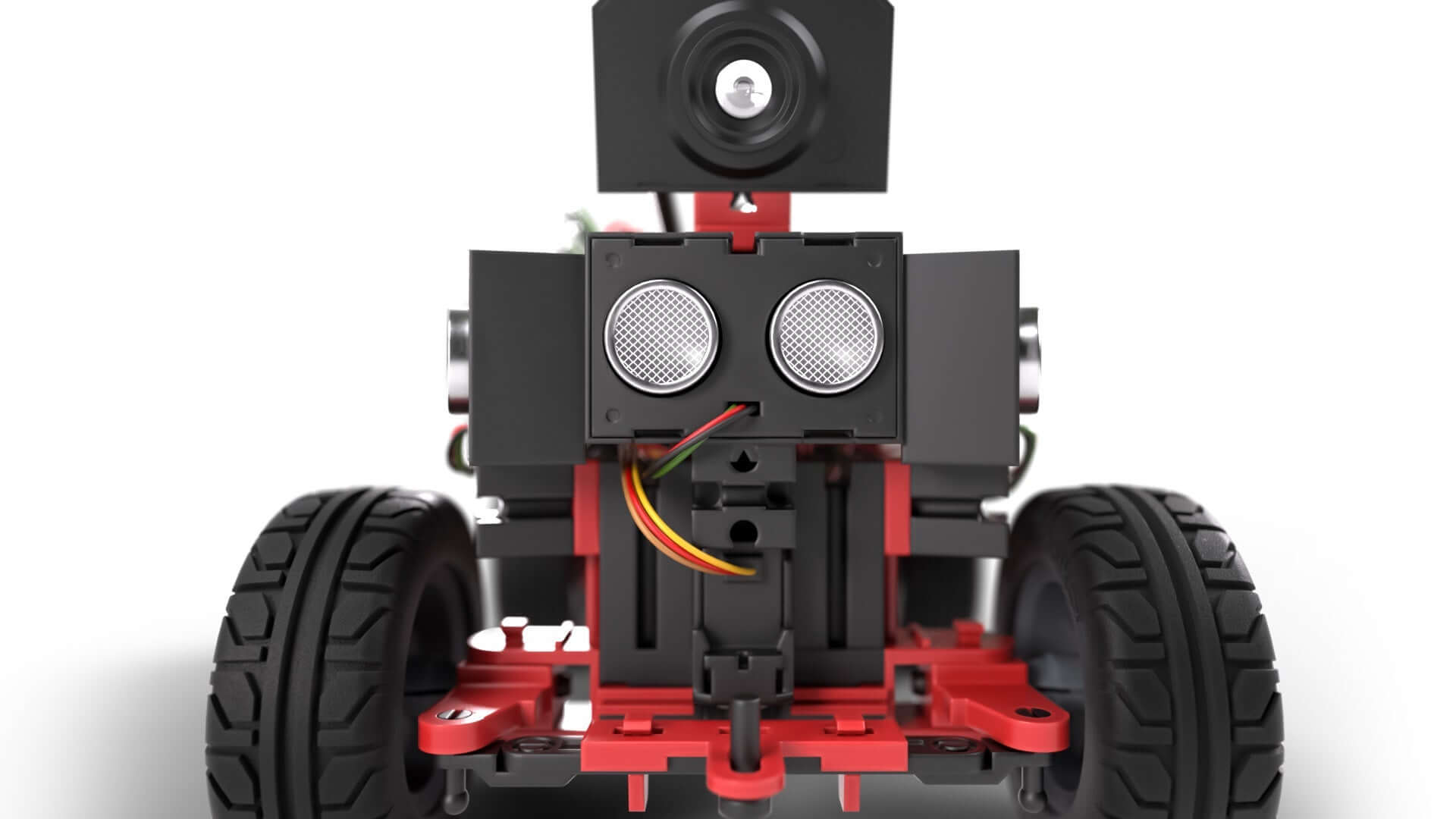 STEM Coding Competition - Future Engineers robotic vehicle front view with sensors and wheels