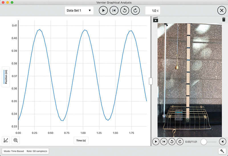 Vernier Graphical Analysis app interface showing waveform data analysis and experiment visualization.