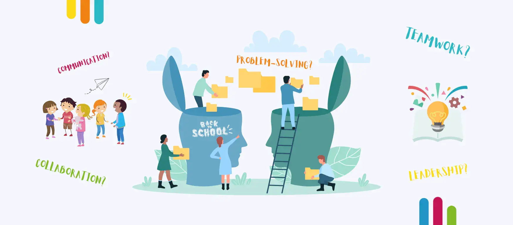 Colorful illustration showing educators and students developing teamwork and problem-solving skills for back to school.