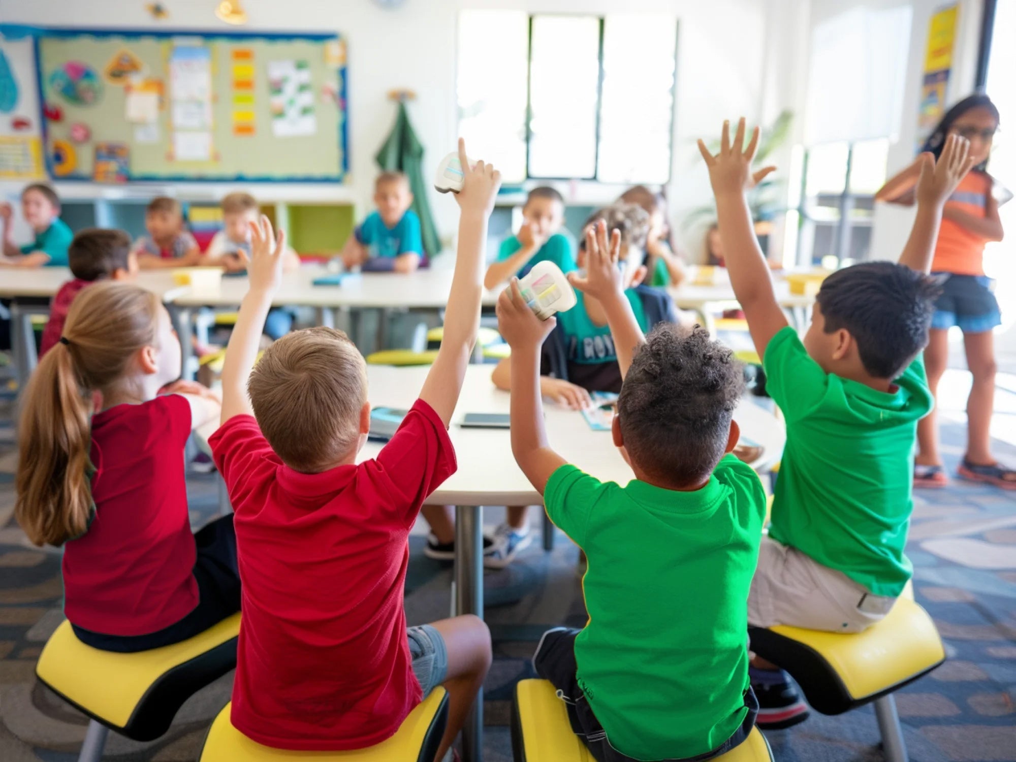 Students with raised hands in a colorful classroom, eager to participate in the lesson.