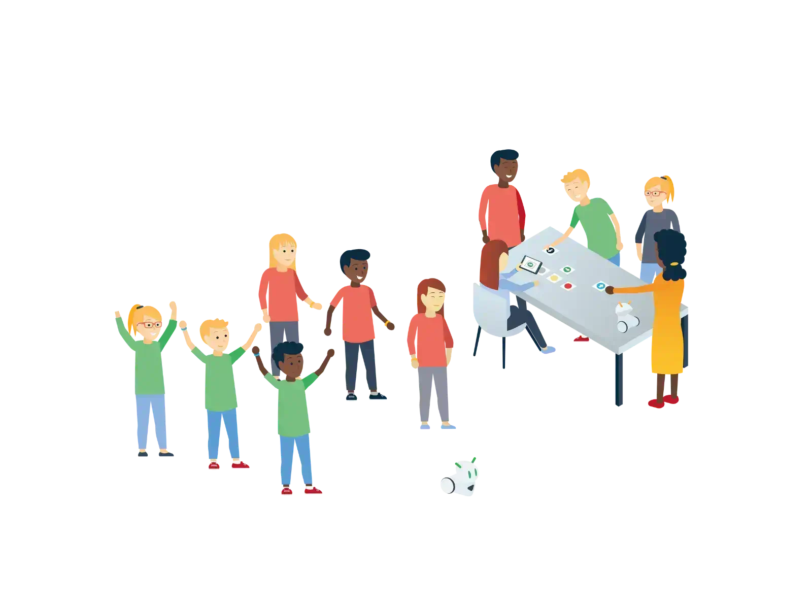 Children engaging in a fun robotics activity, celebrating teamwork and creativity with a robot on the table.