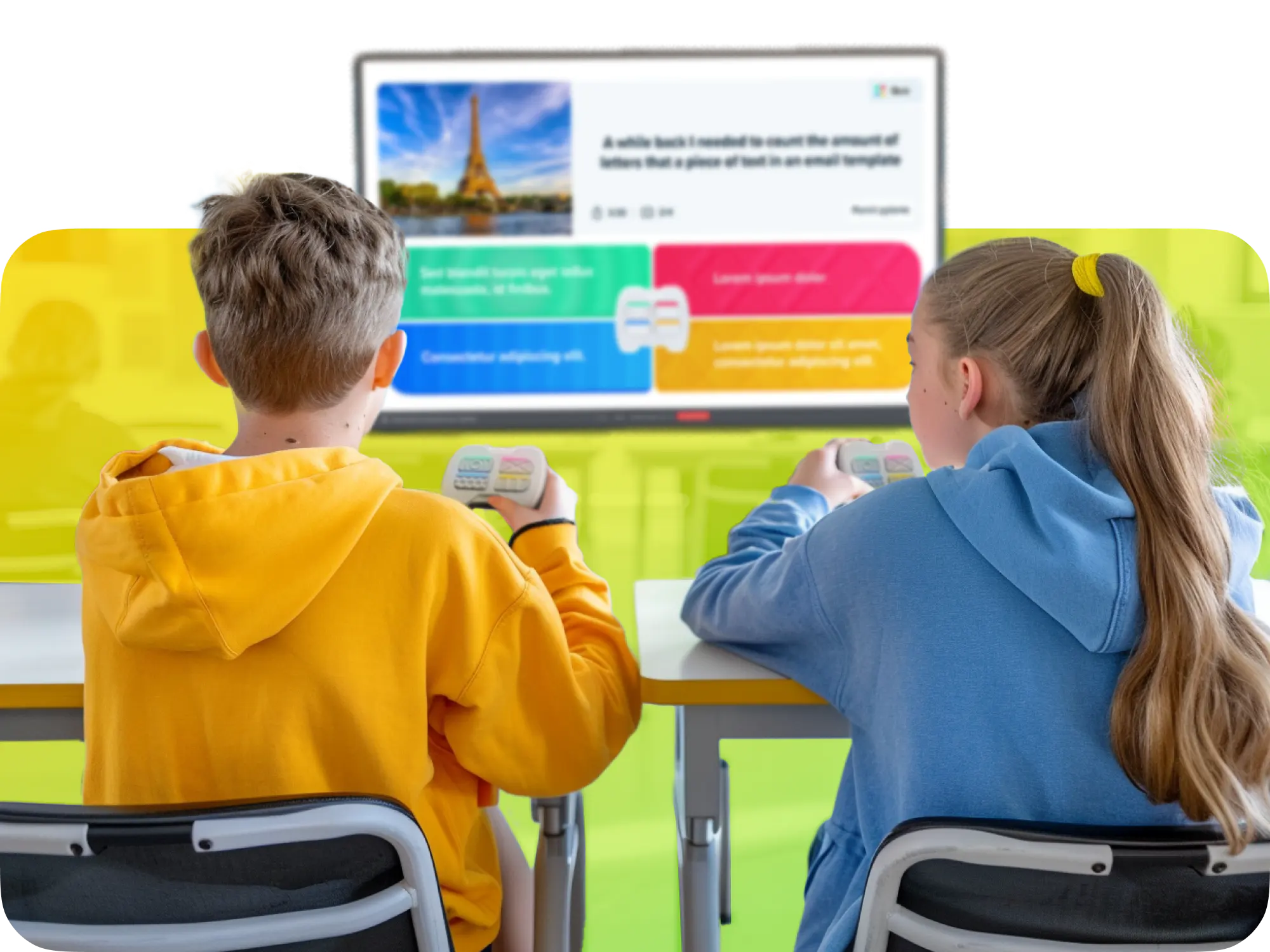 Two kids in colorful hoodies engaged in interactive learning with remote controls in front of a screen displaying educational content.
