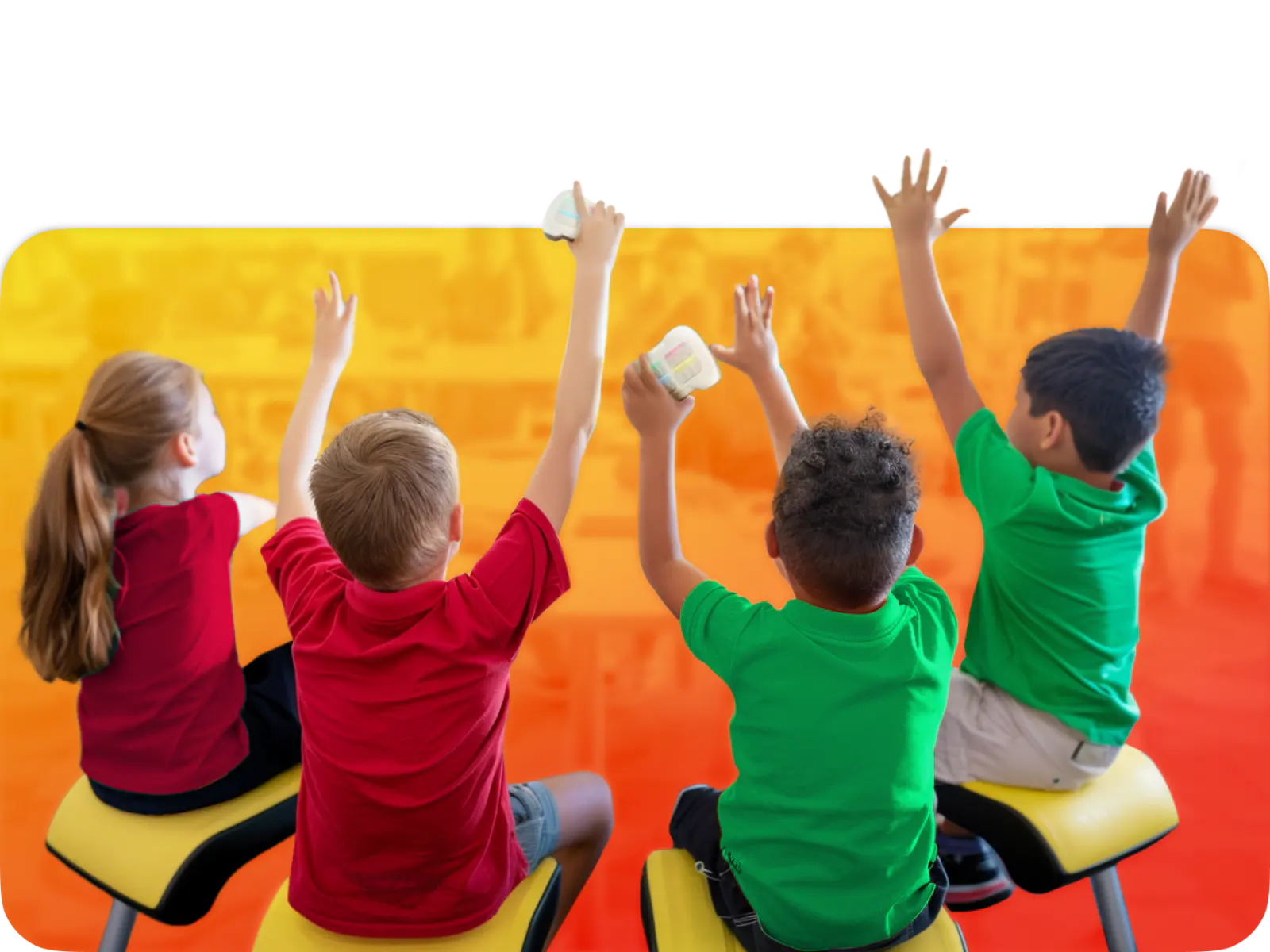 Four children in colorful shirts excitedly raise their hands in a classroom setting with vibrant background.