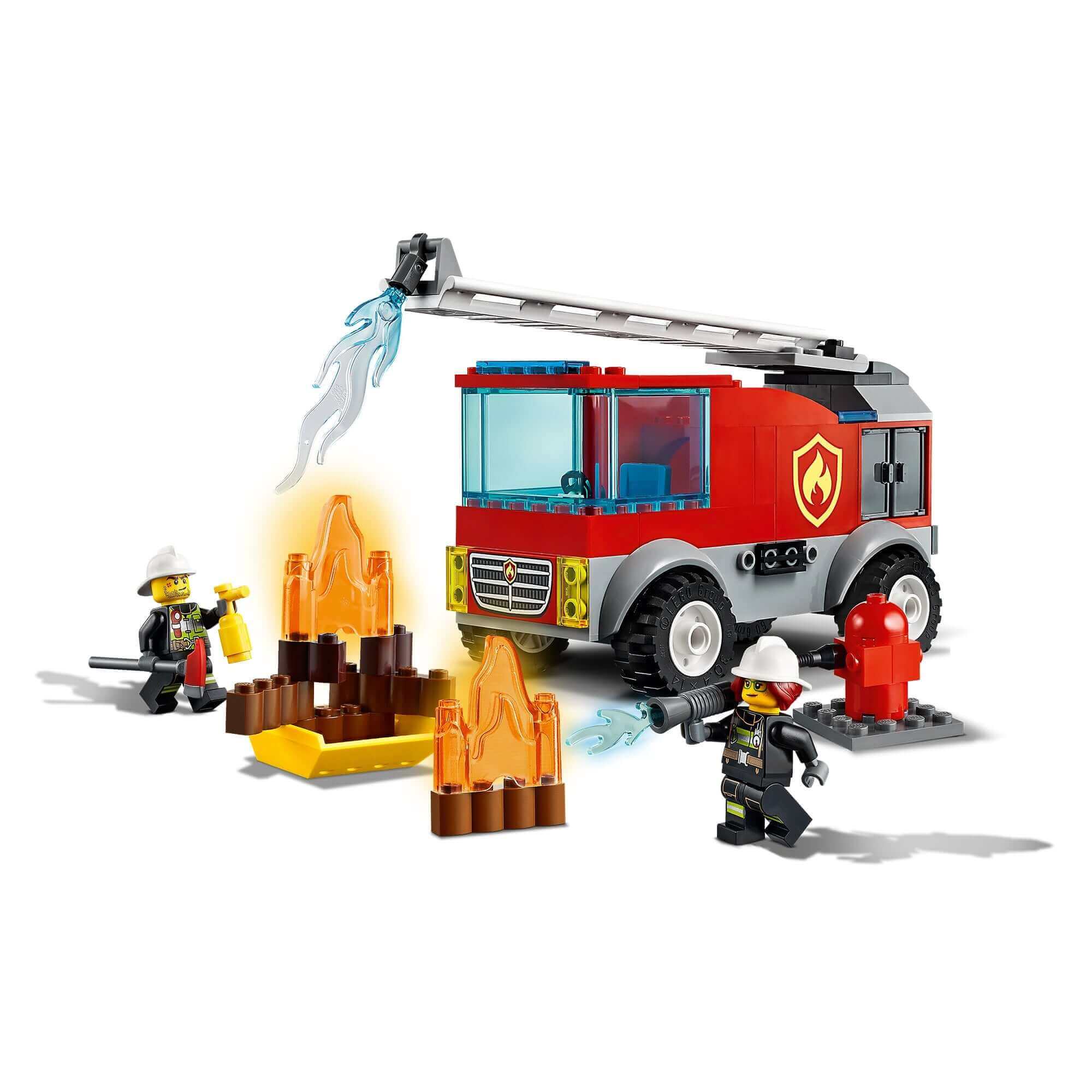 LEGO® City Fire Ladder Truck 60280 playset with firefighters, flames, and Freya McCloud character from LEGO® City Adventures.