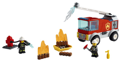 LEGO® City Fire Ladder Truck 60280 set with characters Freya McCloud, flames, and firefighting accessories for kids.
