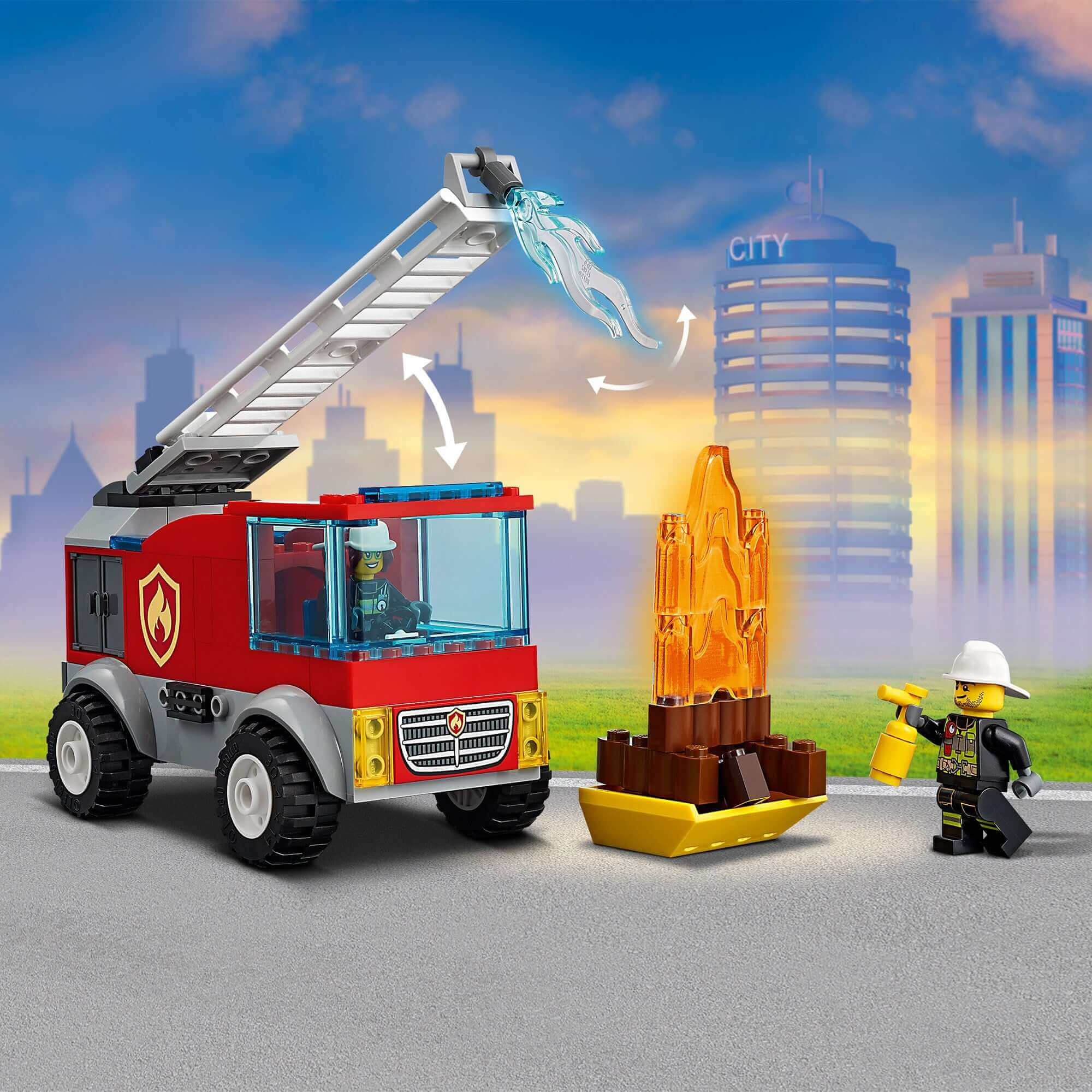 LEGO® City Fire Ladder Truck Toy 60280 with Freya McCloud character, featuring fire ladder and flame piece.