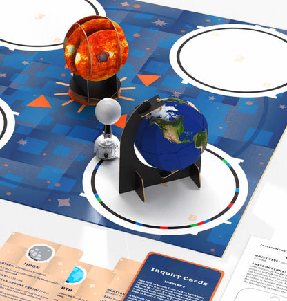 Interactive educational solar system kit with models of the sun, earth, and inquiry cards for STEAM learning.