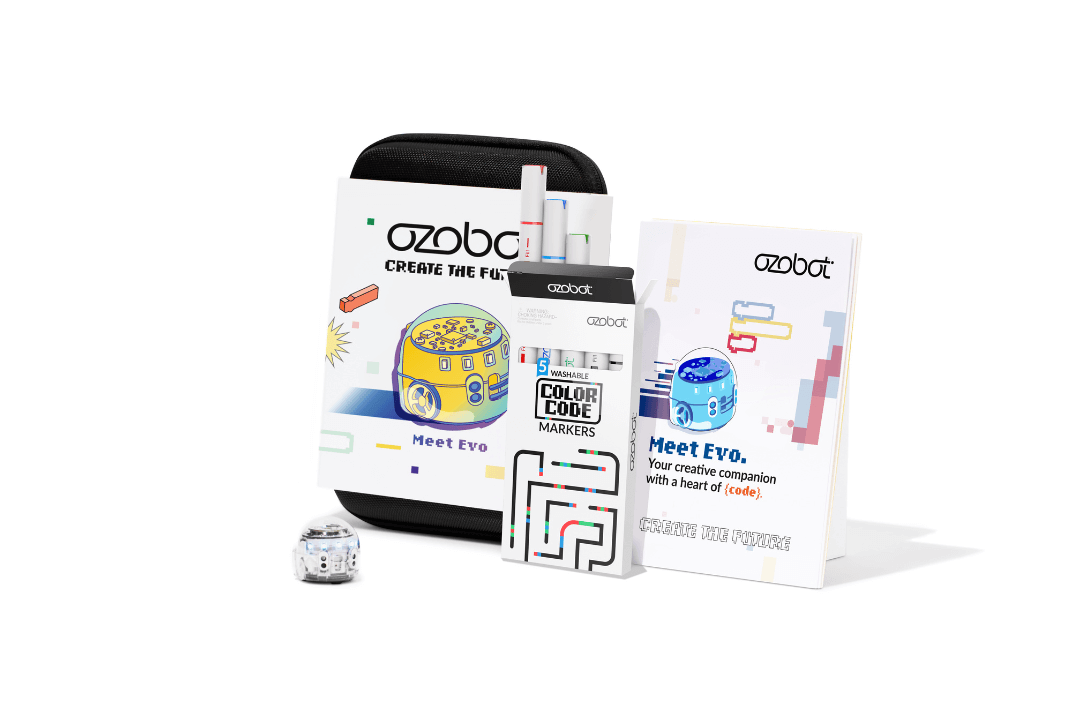 Ozobot Evo Entry Kit featuring coding robot, color code markers, and instructional guide for creative coding.