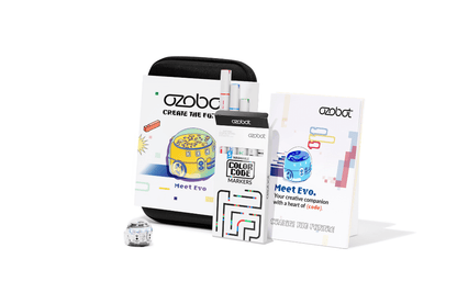 Ozobot Evo Entry Kit featuring coding robot, color code markers, and instructional guide for creative coding.
