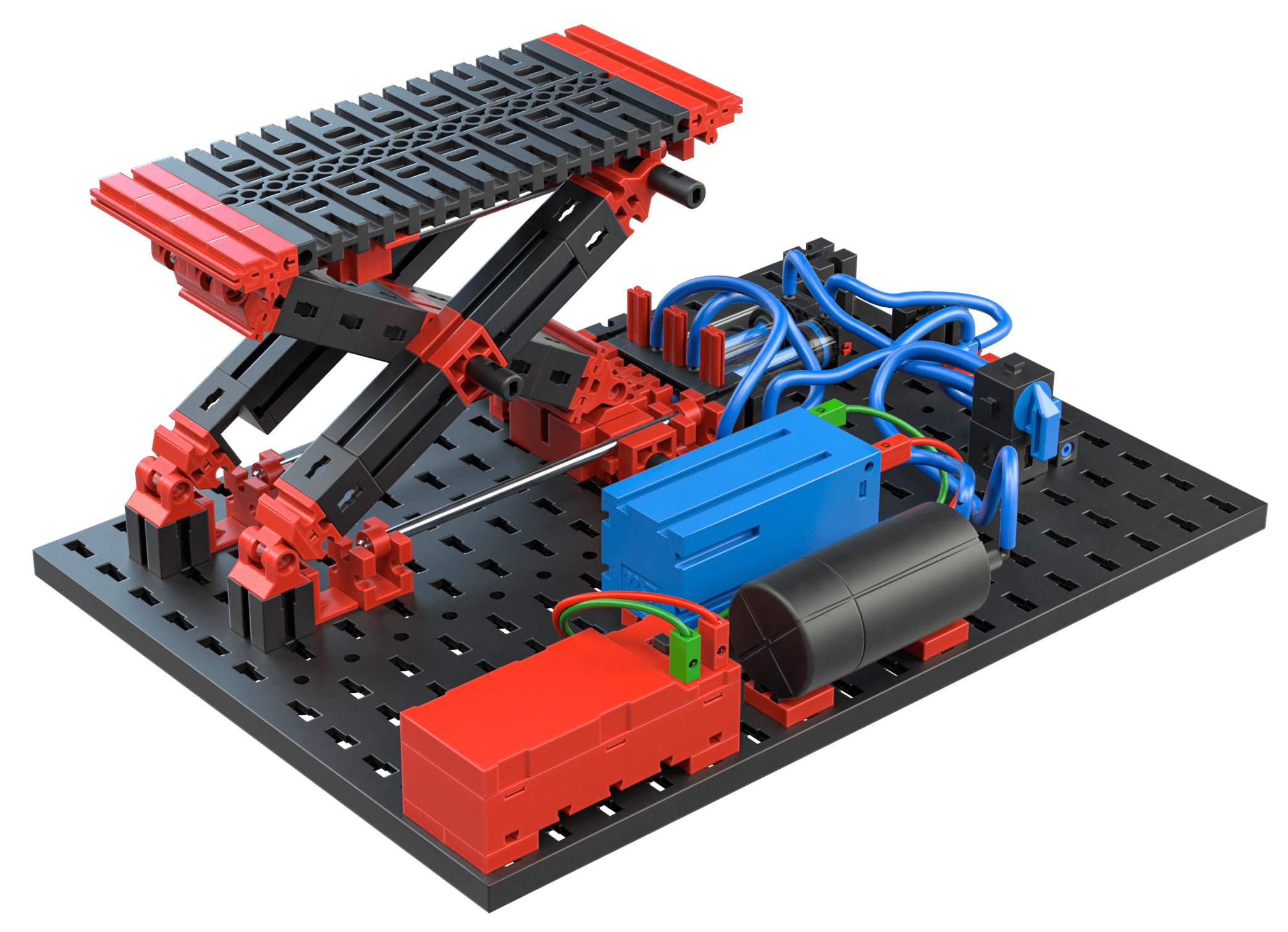 STEM Pneumatics kit showcasing a mechanical lift system with vibrant red bricks and colorful wiring.