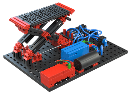 STEM Pneumatics kit showcasing a mechanical lift system with vibrant red bricks and colorful wiring.