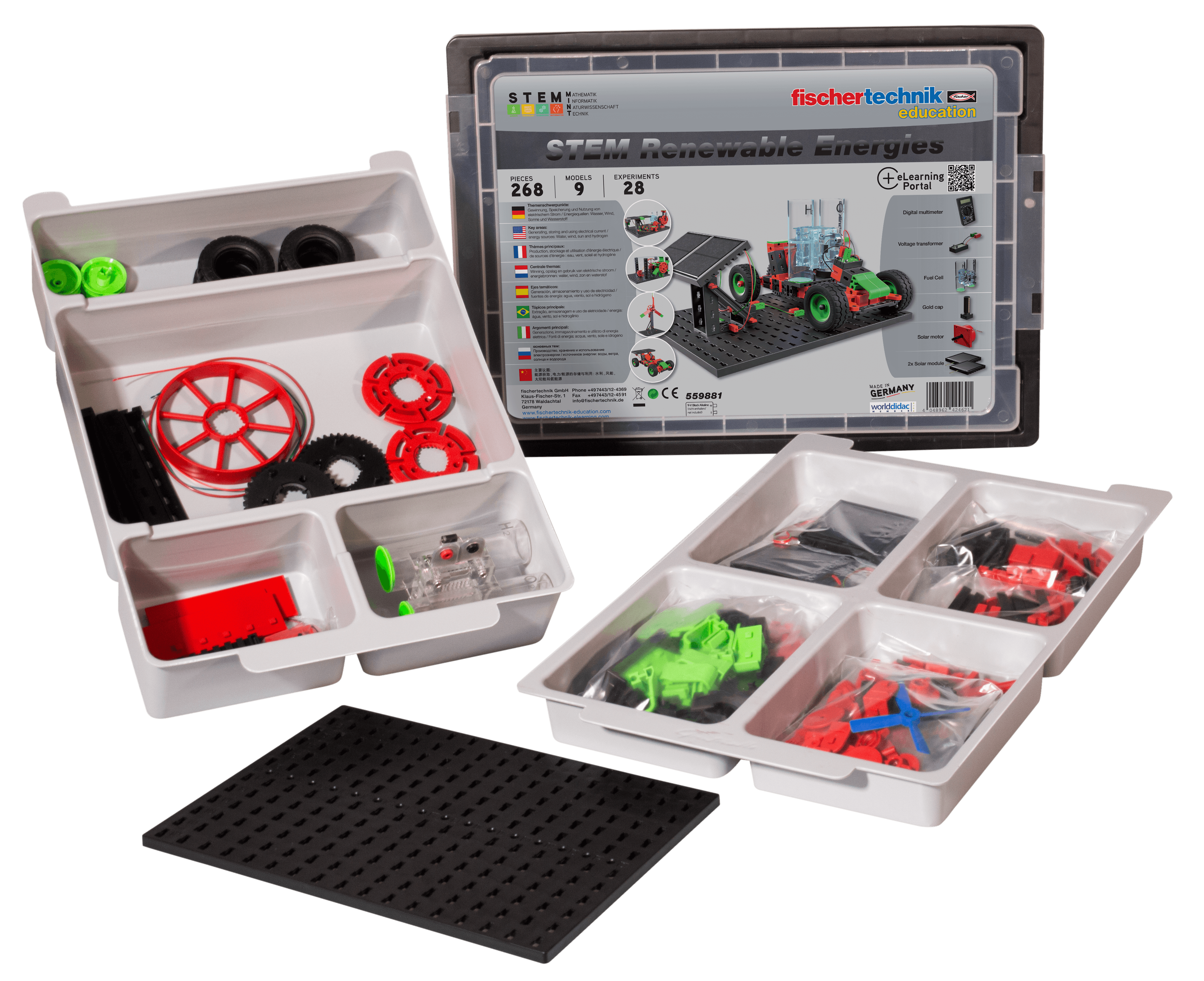 STEM Renewable Energies kit showcasing renewable energy projects components and educational materials for children.