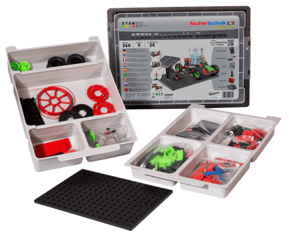 STEM Renewable Energies kit showcasing renewable energy projects components and educational materials for children.