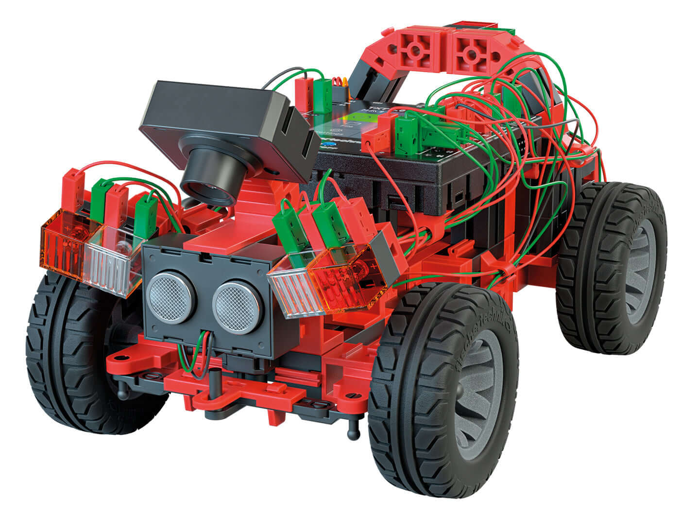 Red autonomous driving robot vehicle with sensors, wiring, and motors, designed for STEM coding education.