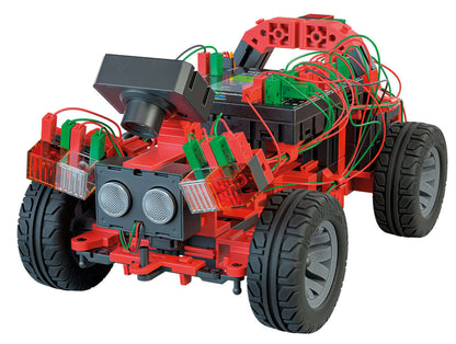 Red autonomous driving robot vehicle with sensors, wiring, and motors, designed for STEM coding education.