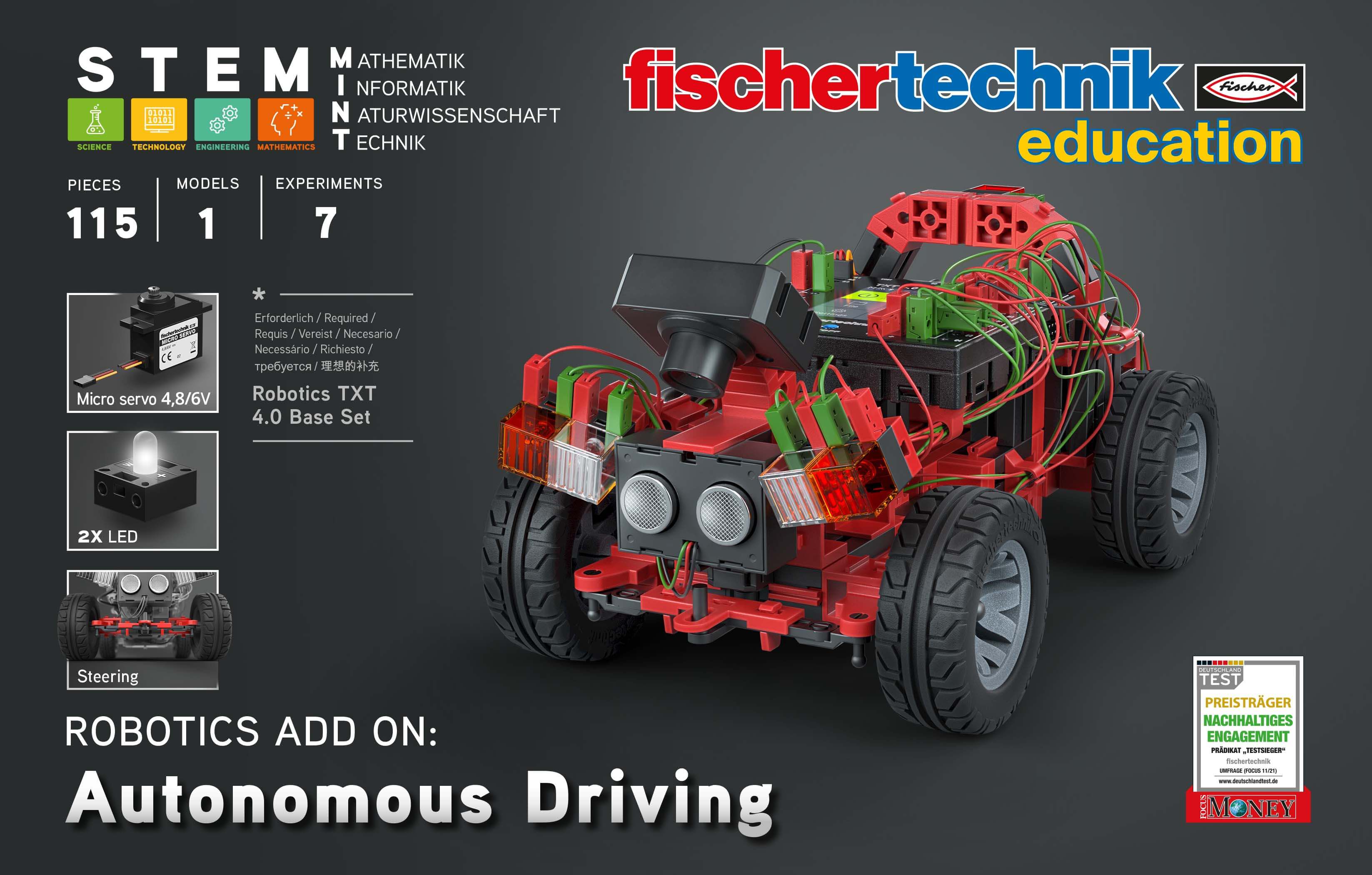 Add-On STEM Coding set for autonomous driving with Robotics TXT 4.0 Base Set, featuring 115 pieces and 7 experiments.