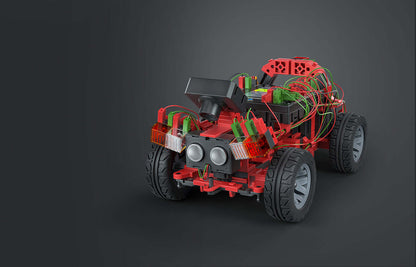 Autonomous driving add-on set for Robotics TXT 4.0, showcasing a red robotic car with visible wiring and sensors.
