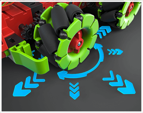 Add On STEM Coding Ultimate: Omniwheels on robotics base set, showcasing green wheels and movement indicators.