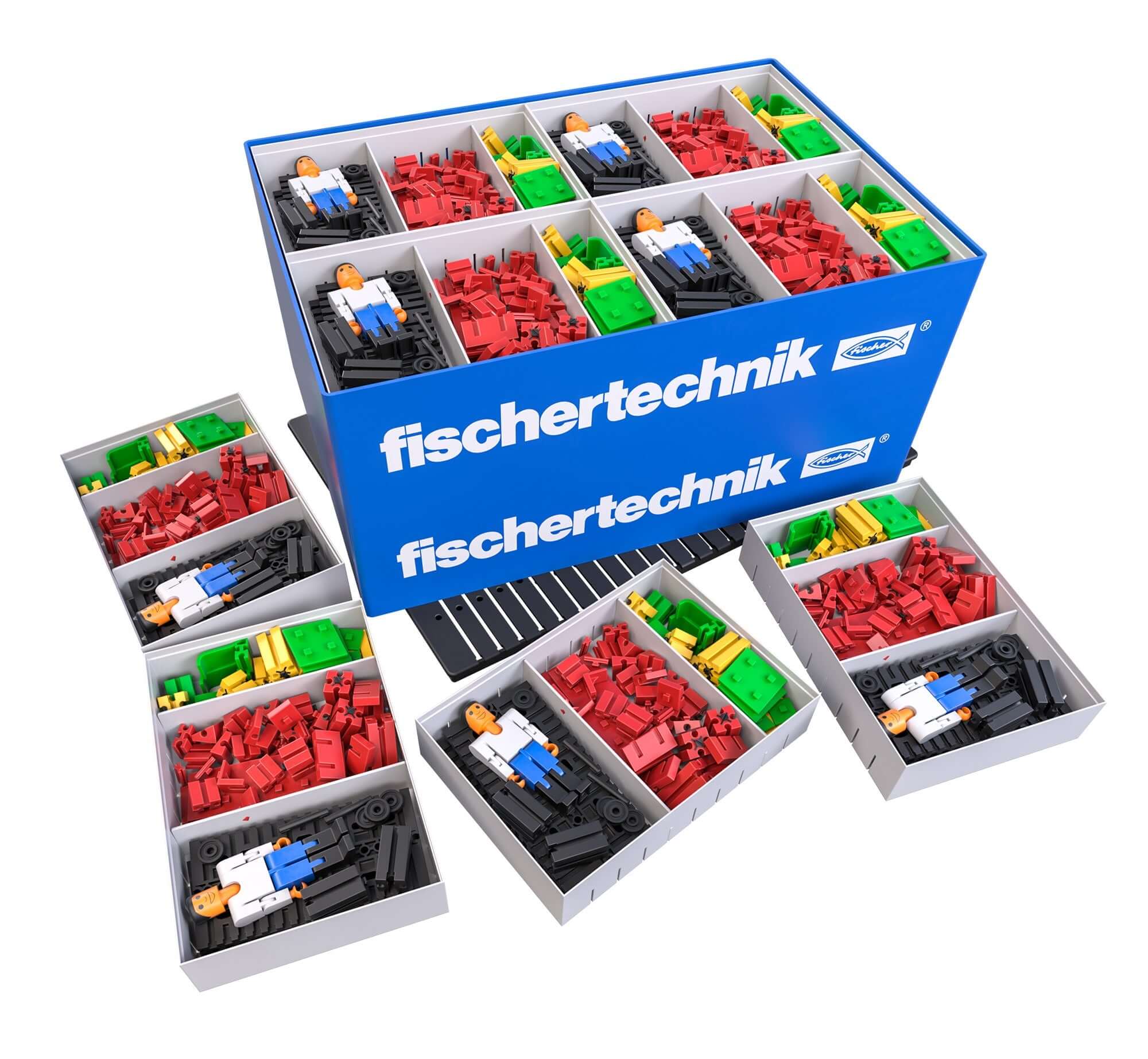 Fischer Technik CLASS SET Basics for creative building, featuring colorful pieces and figures in organized trays.